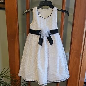 Bonnie Jean White Lace Dress with Black Ribbon